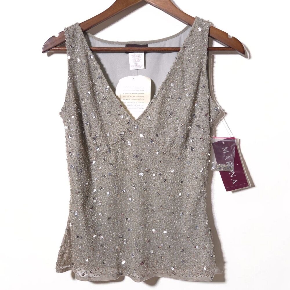 Vintage Marina by Marina Bresler Beaded Sequin Tank Top S Womens Babydoll NWT